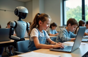 Girl smiles at laptop in classroom. Robot watches students learn. Kids use laptops. Modern tech education. Future of learning. Classroom setting. Children using technology. Digital education.