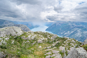 View of the Lysefjorden from Preikestolen (The Pulpit Rock), a tourist attraction in Rogaland county, Norway