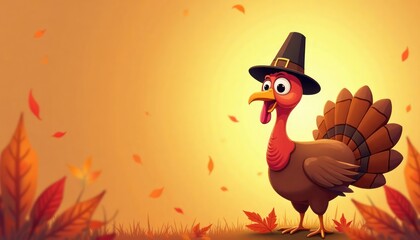 Adorable cartoon turkey pilgrim wears festive hat. Thanksgiving theme. Autumnal background with vibrant orange gradient, falling leaves. Perfect for thanksgiving poster. Festive gathering.