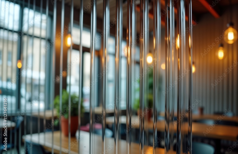 Poster empty coffee shop interior with modern design. bokeh effect highlights glass ribbed dividers creatin