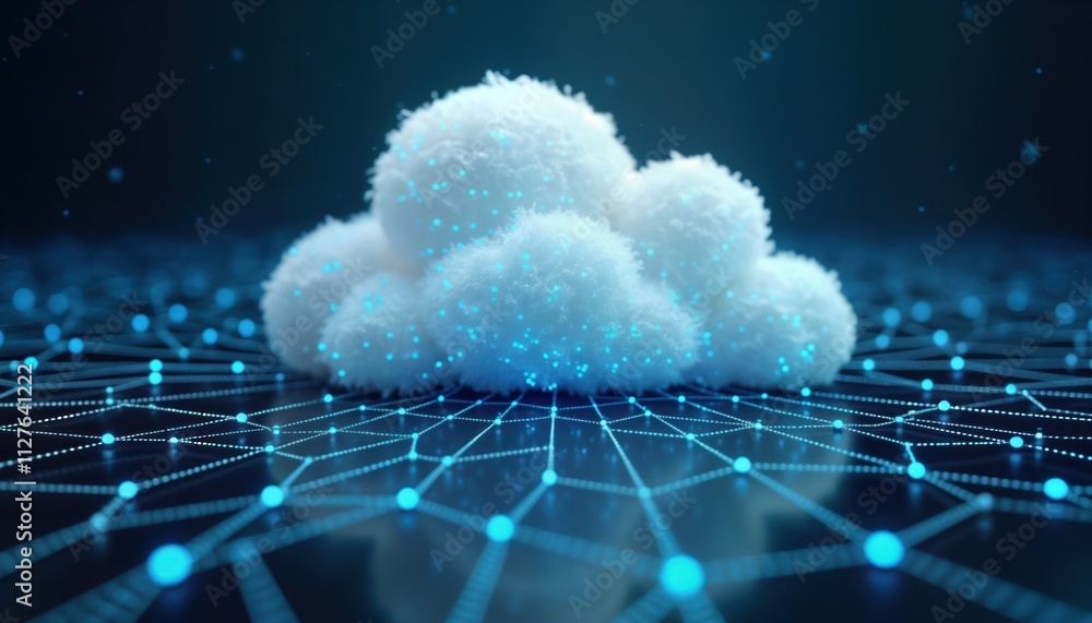 Poster Modern cloud computing illustration. Large cloud icon above central white cloud. Polygon connection code backdrop on dark blue background. Illustrates edge, cloud computing tech with cybersecurity