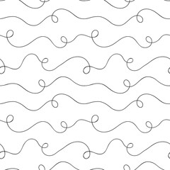 Fun black and white line doodle seamless pattern. Creative abstract squiggle style drawing background design with curly shapes. Simple wire scribble wallpaper print.