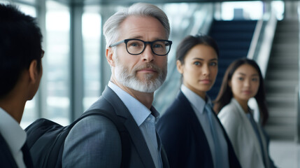Portrait of a confident mature businessman leading a diverse team of professionals in a modern office building, showcasing leadership and teamwork