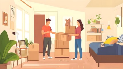 Parents Assisting Child with Moving Boxes Into New Home