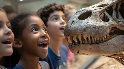 Children Excitedly Observing Dinosaur Exhibit During Museum Visit