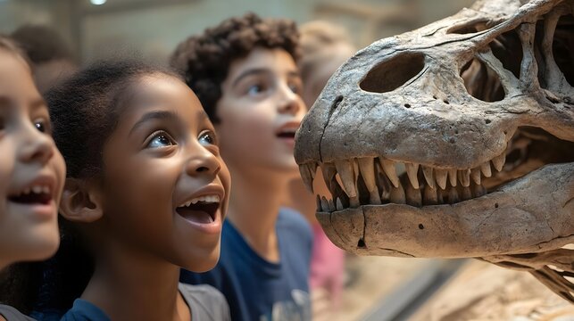 Children Excitedly Observing Dinosaur Exhibit During Museum Visit - Powered by Adobe