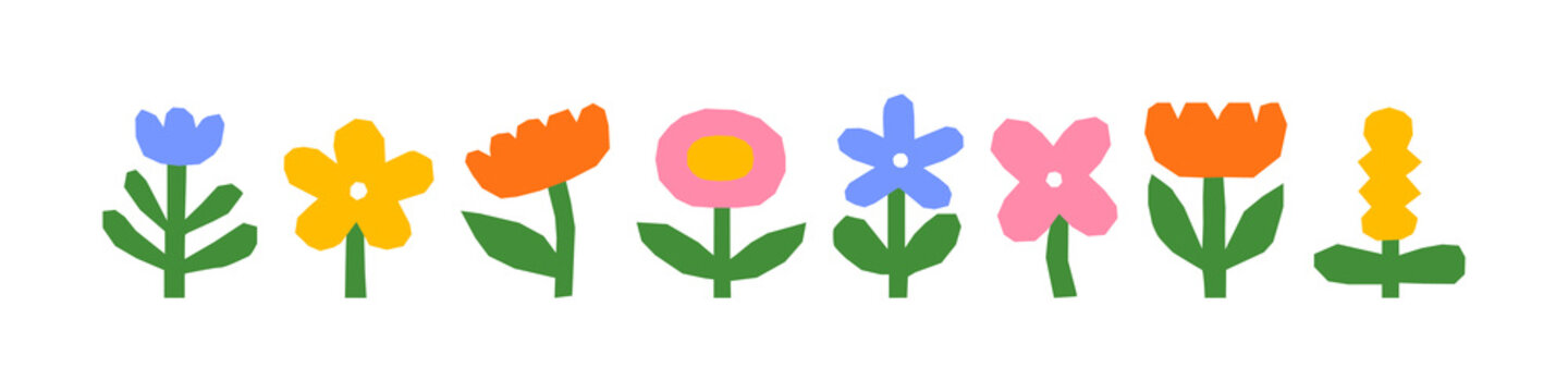 Abstract colorful flower drawing illustration set. Funny children art style floral doodle cartoon collection, hand drawn basic nature shapes on isolated background.	
