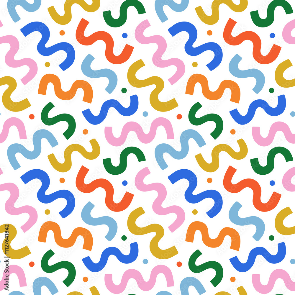Poster Fun colorful line doodle seamless pattern. Creative abstract style art background for children or trendy design with basic shapes. Simple childish scribble backdrop.