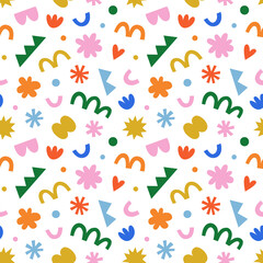 Fun colorful geometric shape seamless pattern. Creative abstract children style art background for kids, trendy design with organic geometry shapes. Simple childish wallpaper texture.	