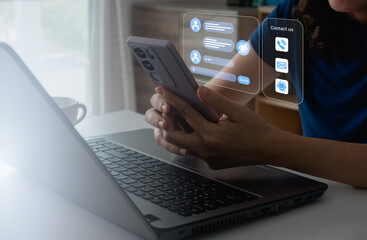 Contact us, Chatbot conversation assistant. Woman use online customer service with chatbot to get support. AI automatic answering machine. Artificial intelligence, CRM software automation technology.