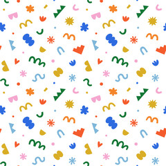 Fun colorful geometric shape seamless pattern. Creative abstract children style art background for kids, trendy design with organic geometry shapes. Simple childish wallpaper texture.	
