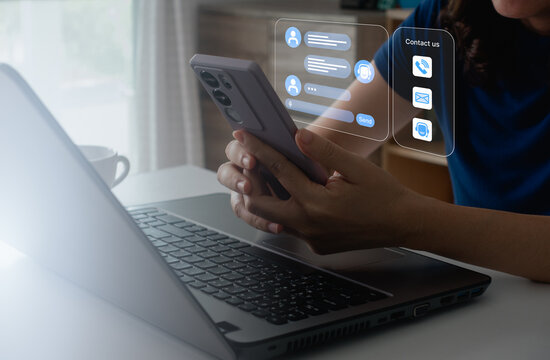 Contact us, Chatbot conversation assistant. Woman use online customer service with chatbot to get support. AI automatic answering machine. Artificial intelligence, CRM software automation technology.