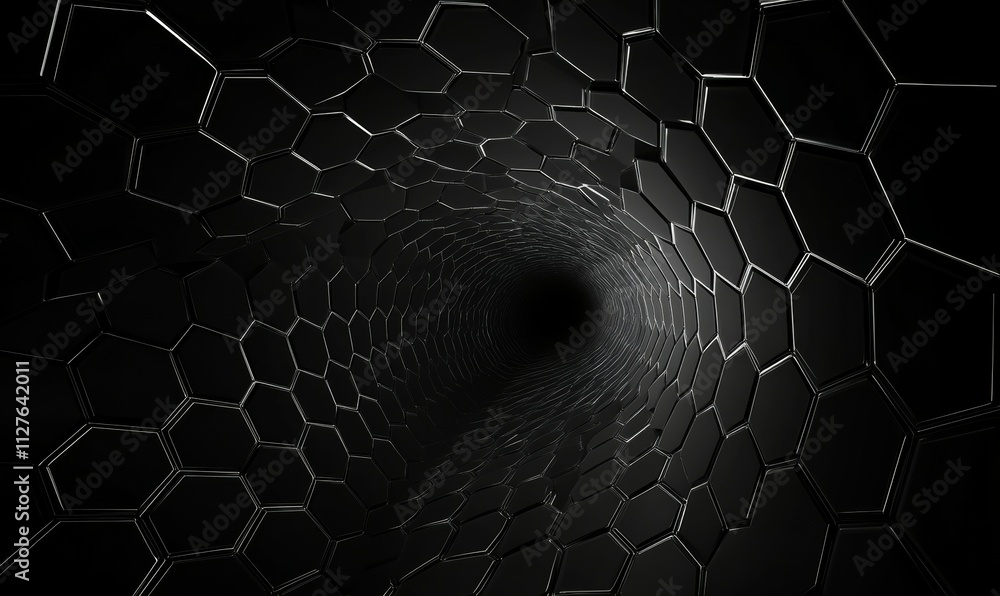 Poster on a black background, an abstract tech tunnel made of hexagonal mesh is depicted. three-dimensional