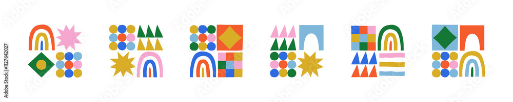 Poster fun colorful geometric shape set. abstract retro children style art element for kids, trendy design 