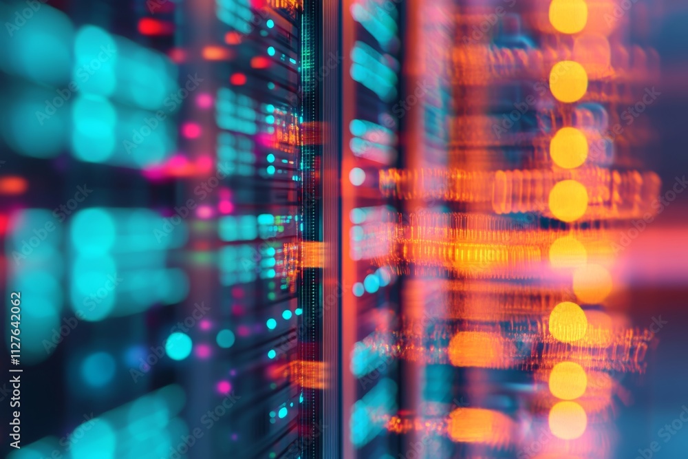 Poster close up of a server rack in a data center showcasing cloud computing and vpn technology