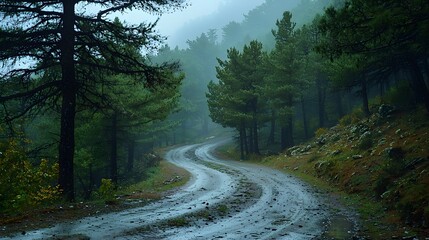Naklejka premium Rain soaked mountain road, twisted trees sway violently, heavy rain and fog obscure the path, creating a tense and dangerous wilderness atmosphere