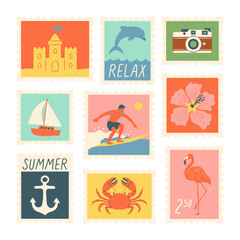 Set of vintage summer post card stamp illustration. Retro style beach vacation postage sticker collection, summertime season mail postmark, tourism postal label.	
