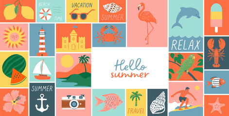 Hello summer vintage mosaic illustration. Retro style beach vacation drawing collection, summertime season background template, tourism landscape banner.	
