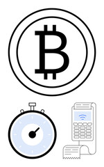Bitcoin symbol stopwatch and POS terminal. Ideal for cryptocurrency, finance, transactions, digital payments, speed, efficiency, modern technology. Line metaphor