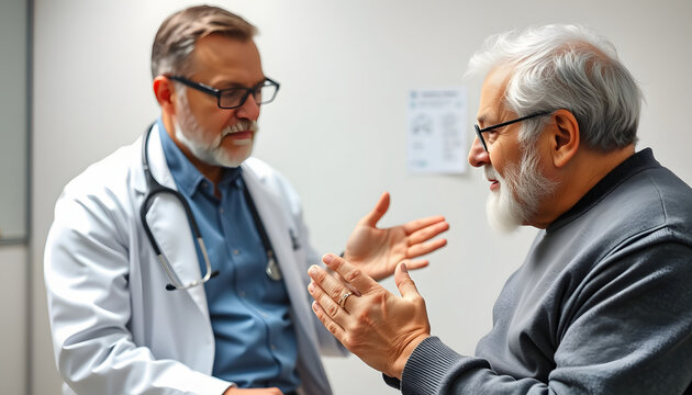 Parkinson's disease patient, Arthritis hand and knee pain or mental health care concept with geriatric doctor consulting examining elderly senior aged adult in medical exam clinic or hospital isolat