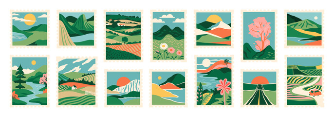 Set of retro nature landscape post card stamp. Vintage style natural environment scenery postage sticker collection, travel destination mail, beautiful tourism scenery. Includes mountain, beach view.	