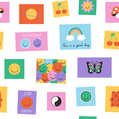 Fun cartoon post card stamp sticker seamless pattern. Trendy doodle icon background with flower, happy face and butterfly. Colorful vintage groovy art label wallpaper, retro 90s emoticon print.	
