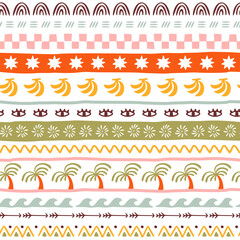 Stoffe zum Nähen Retro hand drawn tropical summer seamless pattern. Traditional geometric tapestry style background illustration. Vintage exotic nature textile print, jungle palm tree texture.	