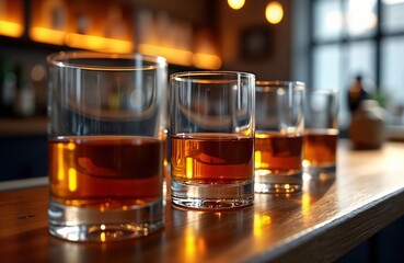Whiskey tasting flight on bar counter. Several glasses with amber colored liquid. Blurred background suggests bar distillery. Tasting experience in warm setting. Likely blended single malt tasting.