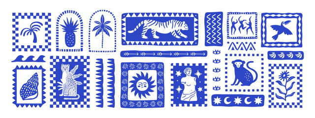 Retro hand drawn tropical summer shape set. Jungle nature illustration collection. Vintage exotic clip art of palm tree, tiger and flower. Geometric mosaic style element bundle.	