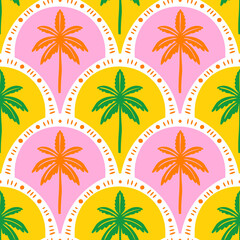 Hand drawn palm tree doodle seamless pattern illustration. Colorful hawaiian print, summer vacation background in vintage art style. Tropical plant painting wallpaper texture.	
