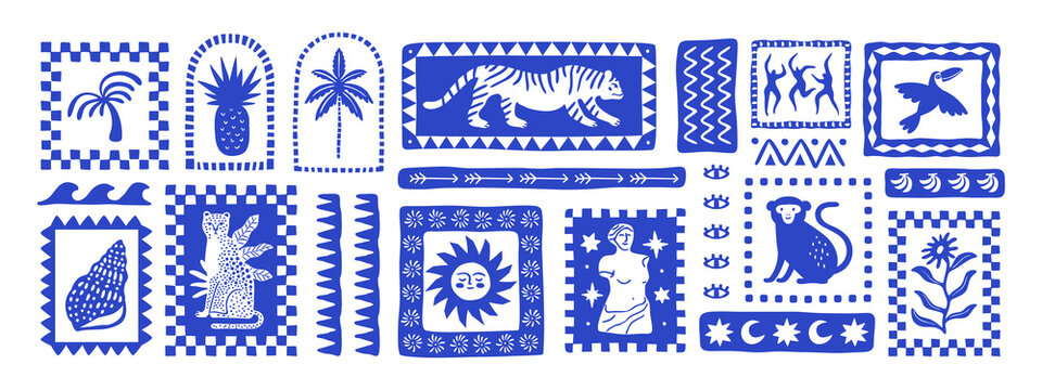 Retro hand drawn tropical summer shape set. Jungle nature illustration collection. Vintage exotic clip art of palm tree, tiger and flower. Geometric mosaic style element bundle.	