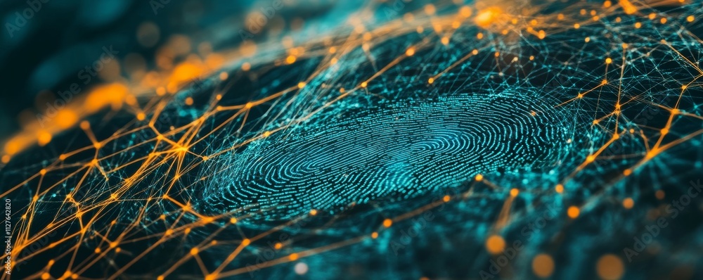 Poster personal data protection concept, fingerprint scan with network lines, symbolizing secure authentica