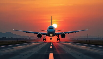 Airplane lands on runway at sunset. Sky orange, red. Plane silhouetted against fiery sky. Travel, tourism photo. Beautiful moment of travel. Perfect for vacation travel agencies. Travel concept