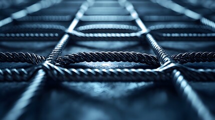 Close focus on sturdy rebar framework, intricate intersections and rugged texture over concrete foundation, subtle lighting--style raw