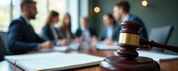 Business people sit around conference table attending legal compliance training session. Documents, gavel on table. Learning workplace laws policies, HR onboarding. Focus on legal awareness,