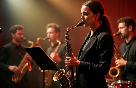 Elegant young woman plays saxophone on stage during band performance. Musicians play instruments. Professional music concert. Talented student plays professionally. Music education. Stage