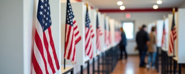 Voting center in USA filled with American flags. People in line casting ballots. Civic engagement, democracy highlighted in photo. Voting process, election themes in image. Image represents American