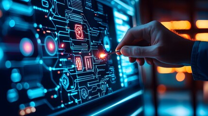 Engineer performing electrical safety checks on a smart home installation, utilizing advanced diagnostic tools and digital technology--style raw