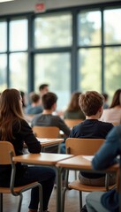 Students sit attentively in bright modern classroom. Natural light streams through large windows creating focused learning atmosphere. Students engaged in lesson. School classroom interior. Education