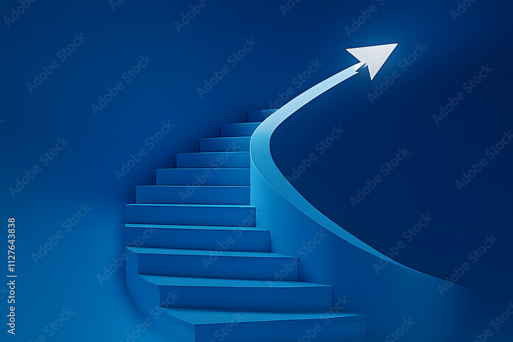 Fototapete white arrow following the spiral staircase of growth on blue background, 3d arrow climbing up over s