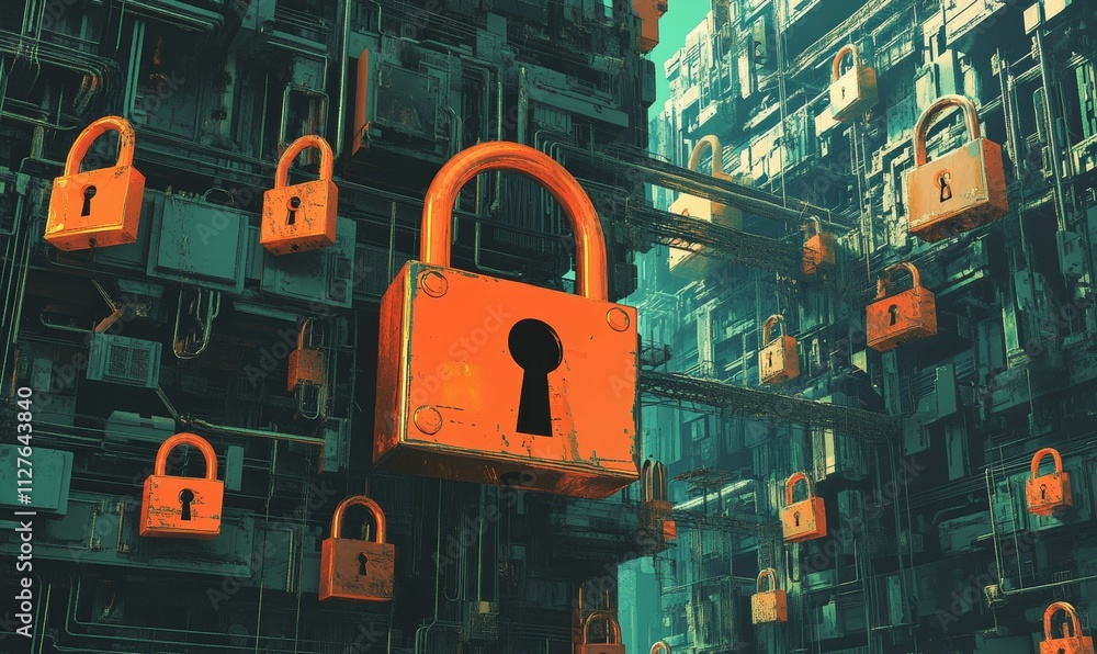 Poster secured network concept, data stream with padlocks and shields, illustrating safe information flow a