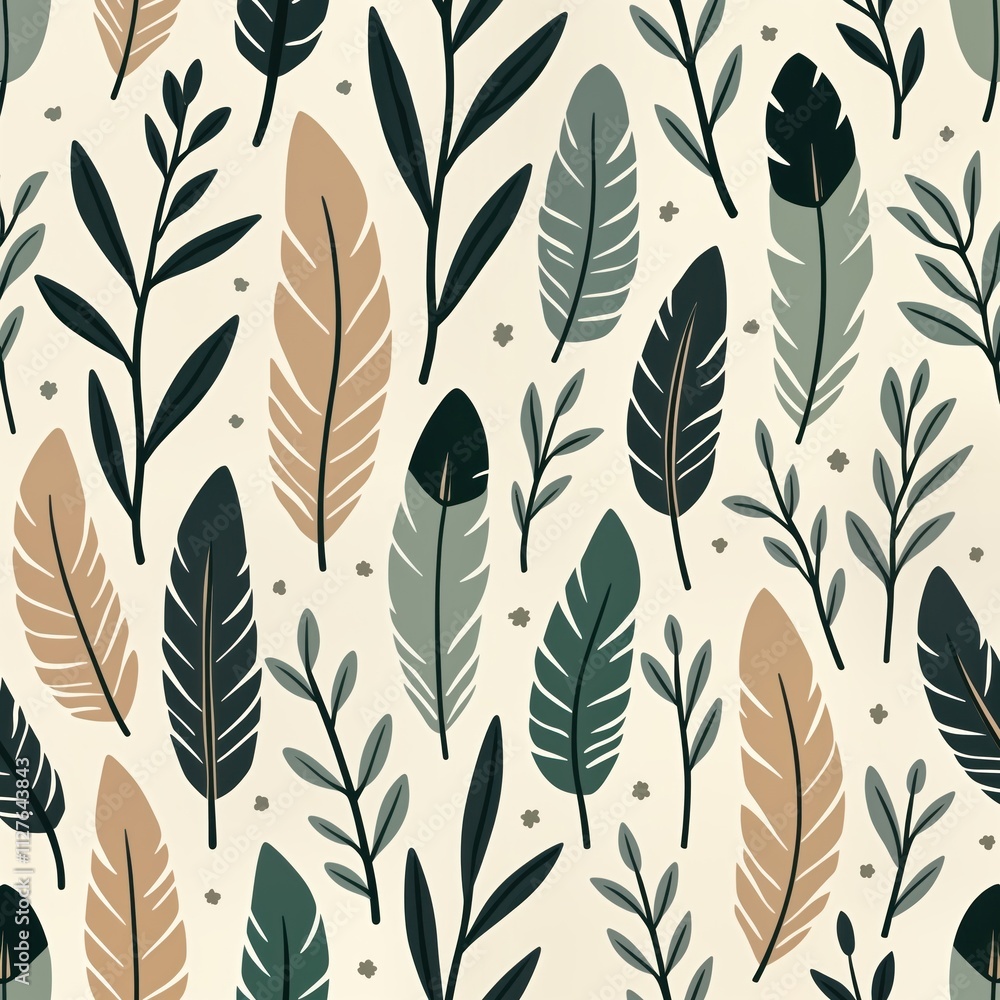 Poster elegant seamless pattern features stylized leaves, feathers. design uses muted colors like beige, gr