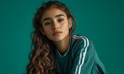 Obraz premium Portrait of a Latina girl in a studio wearing sporty attire.