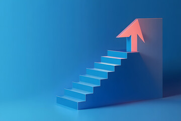 Minimalist 3D rendering of an upward arrow and stairs on blue background, representing success and achievement