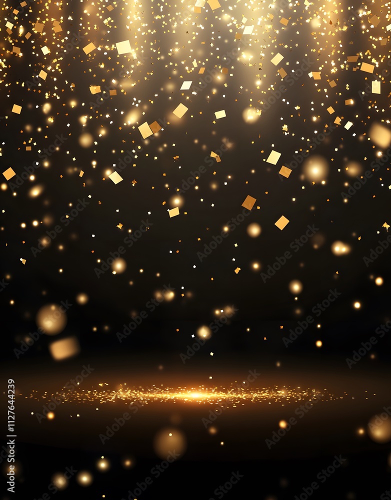 Poster a shimmering golden background with sparkling particles and light effects.