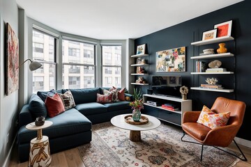 Stylish Living Room Design with Cozy Nook Shelving and Artistic Decor