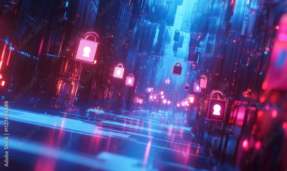Poster secured network concept, data stream with padlocks and shields, illustrating safe information flow a