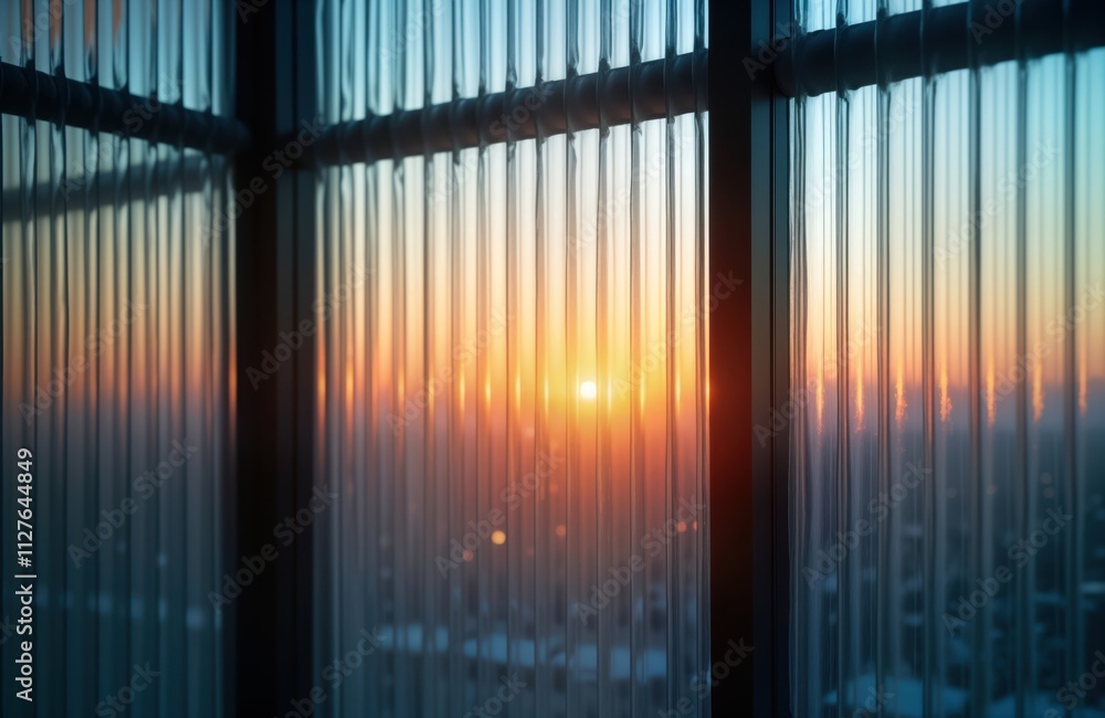 Poster Sunrise view through reeded glass window. Soft light diffuses through sheer curtains. Urban city scene visible beyond window. Minimalist design aesthetic of interior space. Modern building design.
