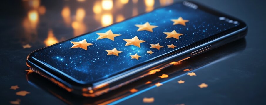 Smartphone screen showing 5-star review, positive user, - Powered by Adobe