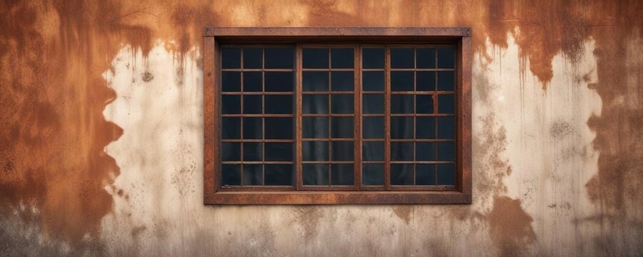 View of a rusty iron wall with a barred window, latch, confinement, containment